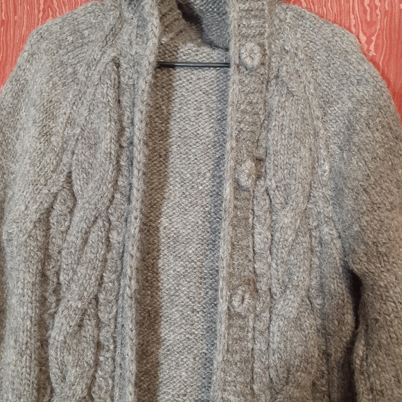 PURE 100% WOOL/KARPAS KNITTED HOODED BUTTON DOWN SWEATER CARDIGAN GRAY WOMEN'S - Picture 7 of 14